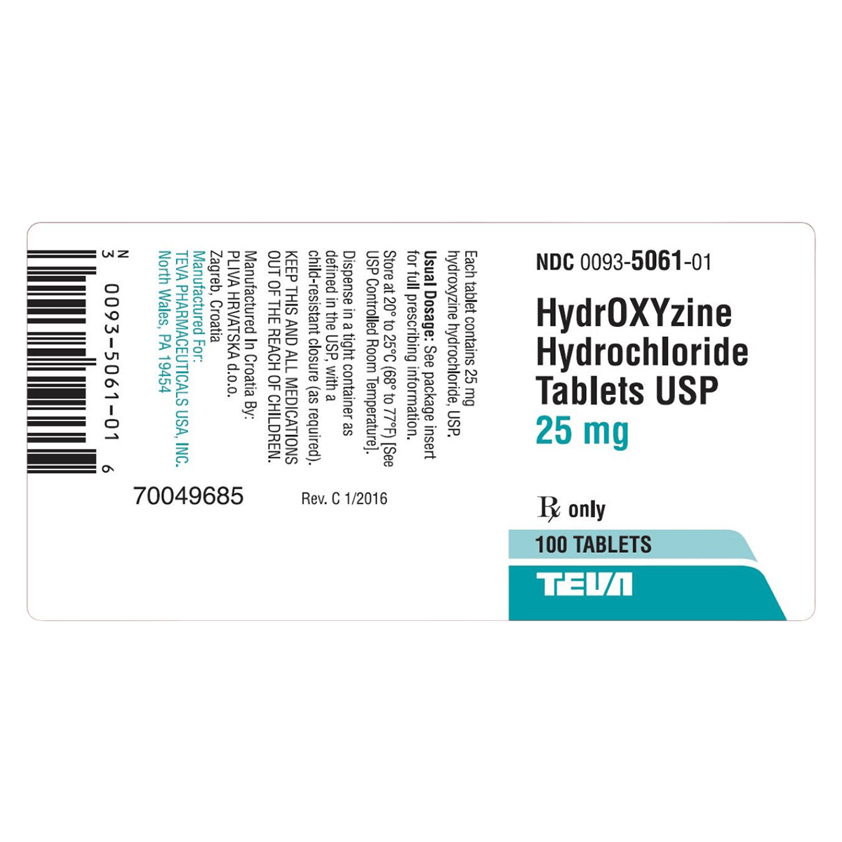 Hydroxyzine HCL Tablets, 25mg, 500/Bottle, Teva Pharmaceuticals