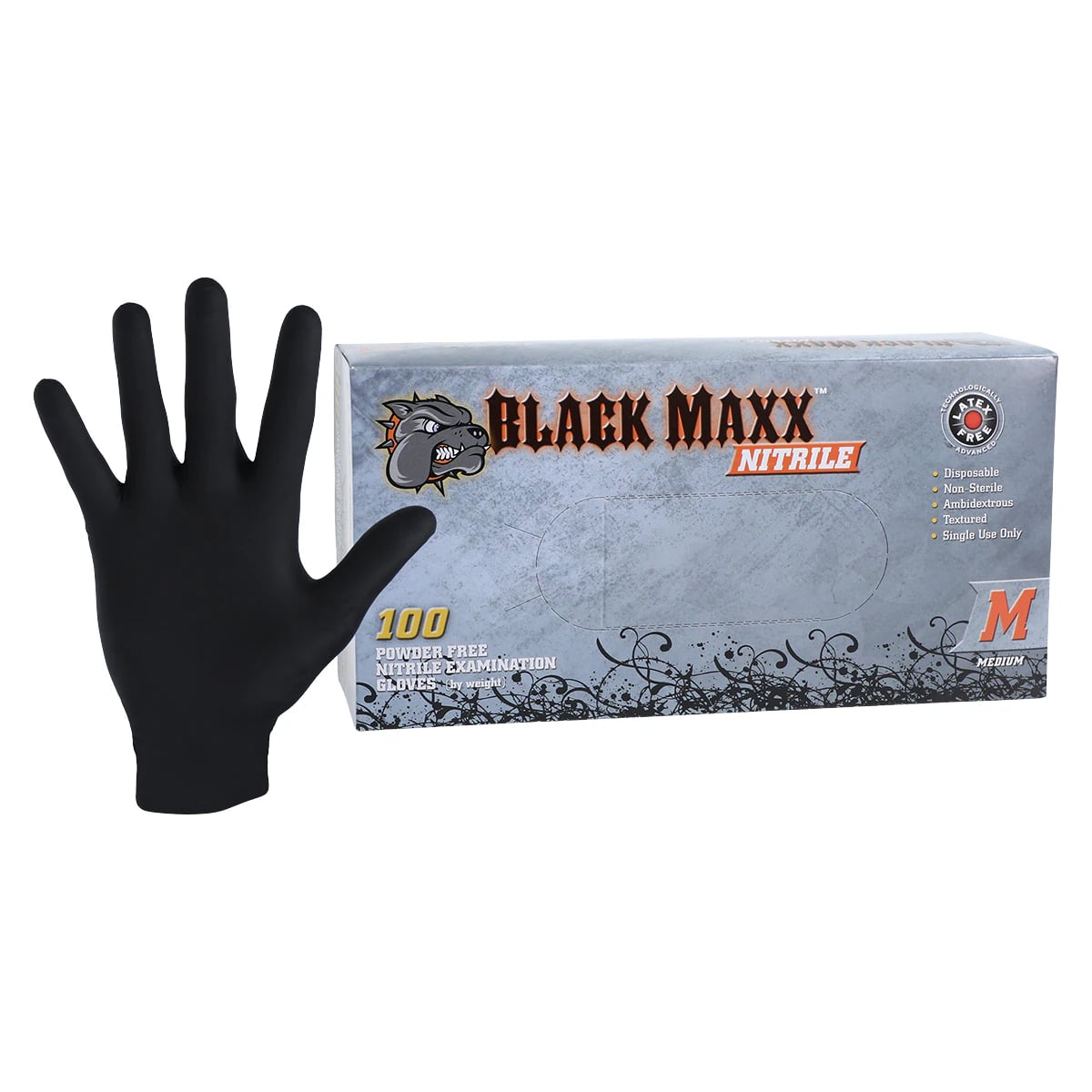 Black Maxx Nitrile Exam Gloves, Powder Free, Non-Sterile, Textured, Medium, Black, 100/Box, BMN100M