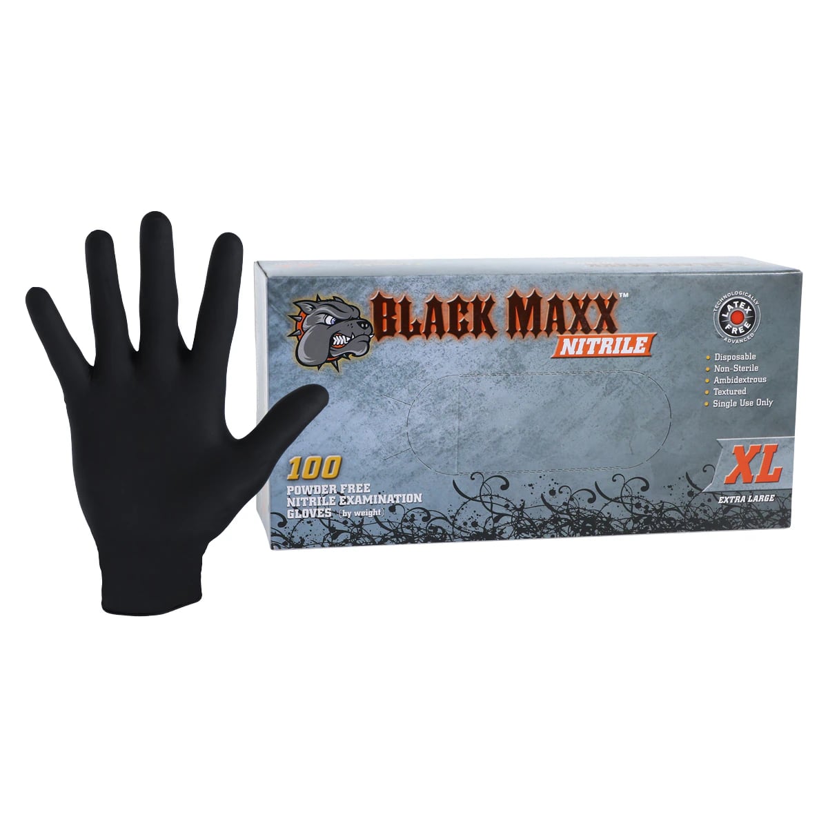 Black Maxx Nitrile Exam Gloves, Powder Free, Non-Sterile, X-Large, Black, 100/Box, BMN100XL