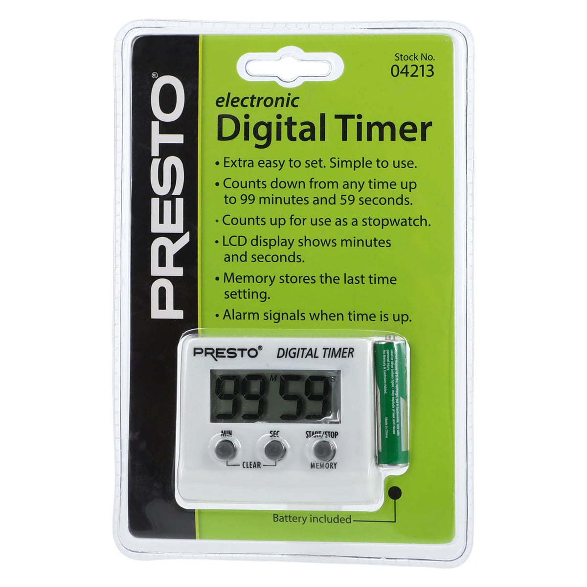 Baseline Digital Timer, 99 Minutes 59 Seconds, Audible Alarm, LCD Display, 2-1/2 x 2-1/2 x 1 in, Each