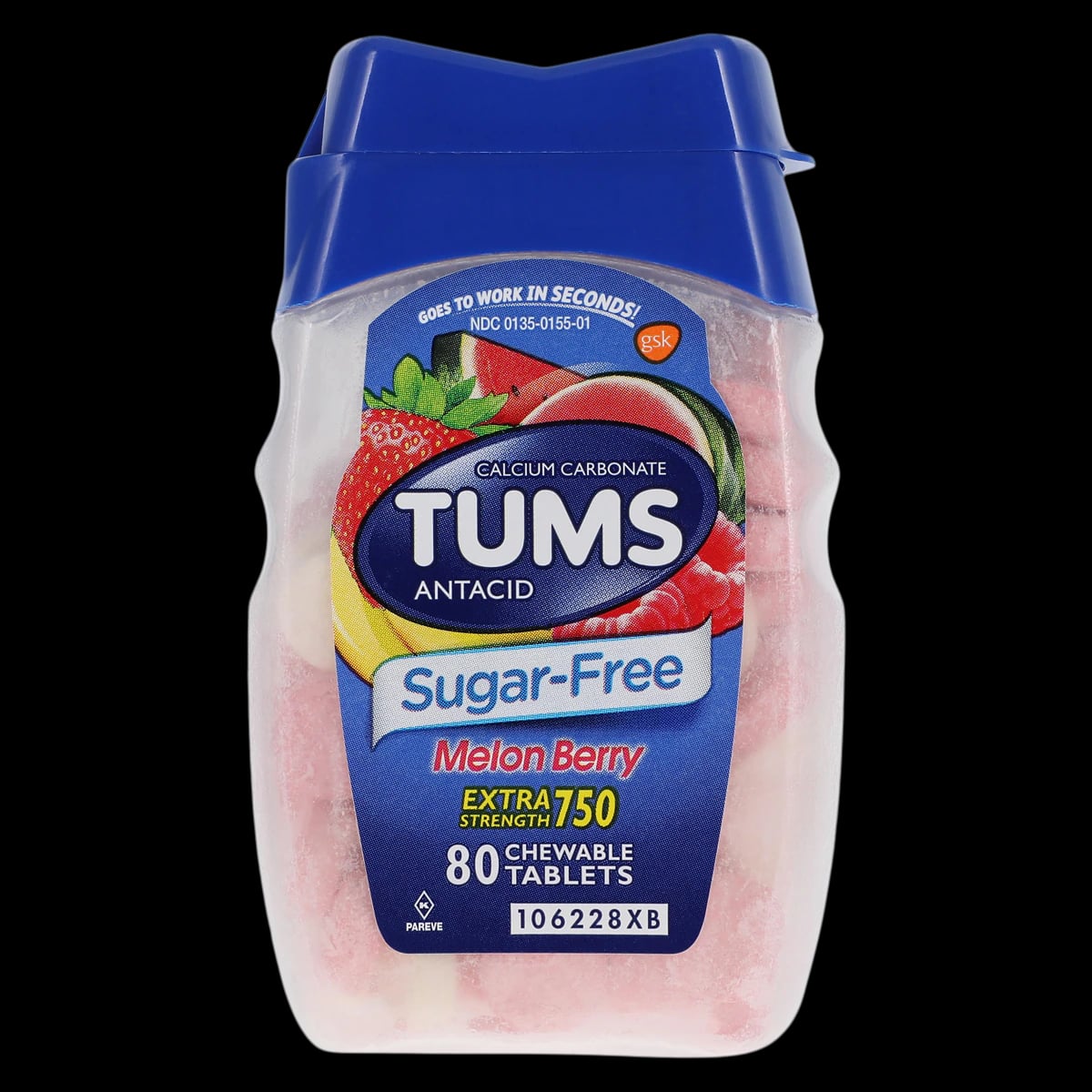 Tums EX Antacid Chewable Tablets, Sugar Free, Melon Berry, 80/Bottle