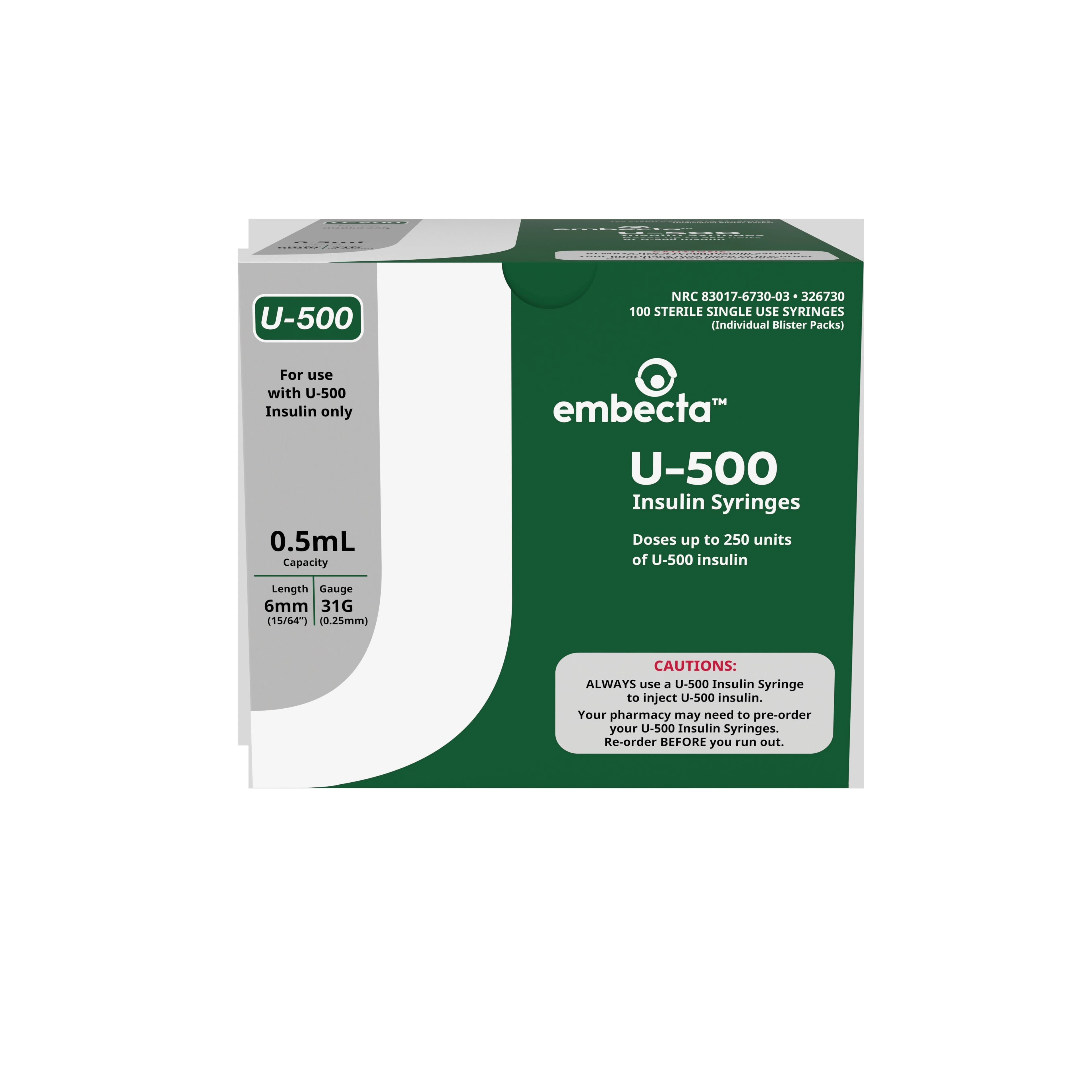 embecta Ultra-Fine Insulin Syringe with Needle, 0.5 mL, 31G x 6mm, Low Dead Space, 500/Case
