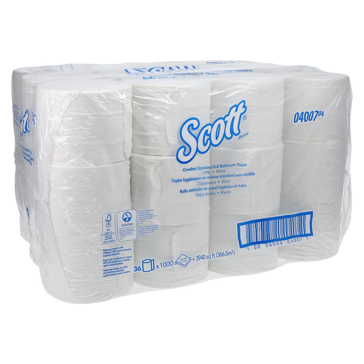 Scott Essential Coreless Toilet Tissue, White, 2-Ply, Standard Roll, 36 Rolls/Case