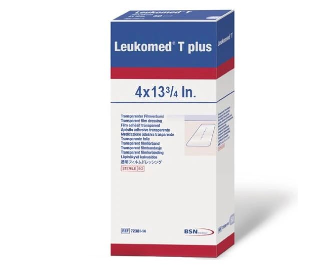Leukomed T Plus Polyurethane Film Post-Op Dressing, 4" x 13-6/8", Sterile, High Absorbency