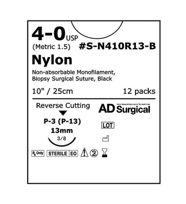 Unify Nylon Monofilament Non-Absorbable Suture, 4-0, 10", P-3 Reverse Cutting 3/8 Circle Needle 13mm, Uncoated Black, 12/Box