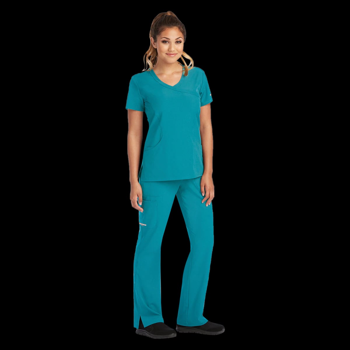 Skechers SK102 Scrub Top, Women's, Teal, 4X-Large, Mock Wrap Neck, 3 Pockets, 25.5 in Length