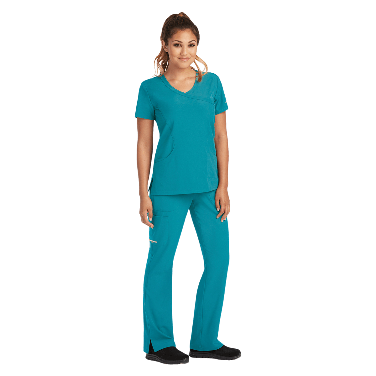 Skechers SK102 Scrub Top, Women's, Teal, 5X-Large, Mock Wrap Neck, 3 Pockets, 25.5 in Length