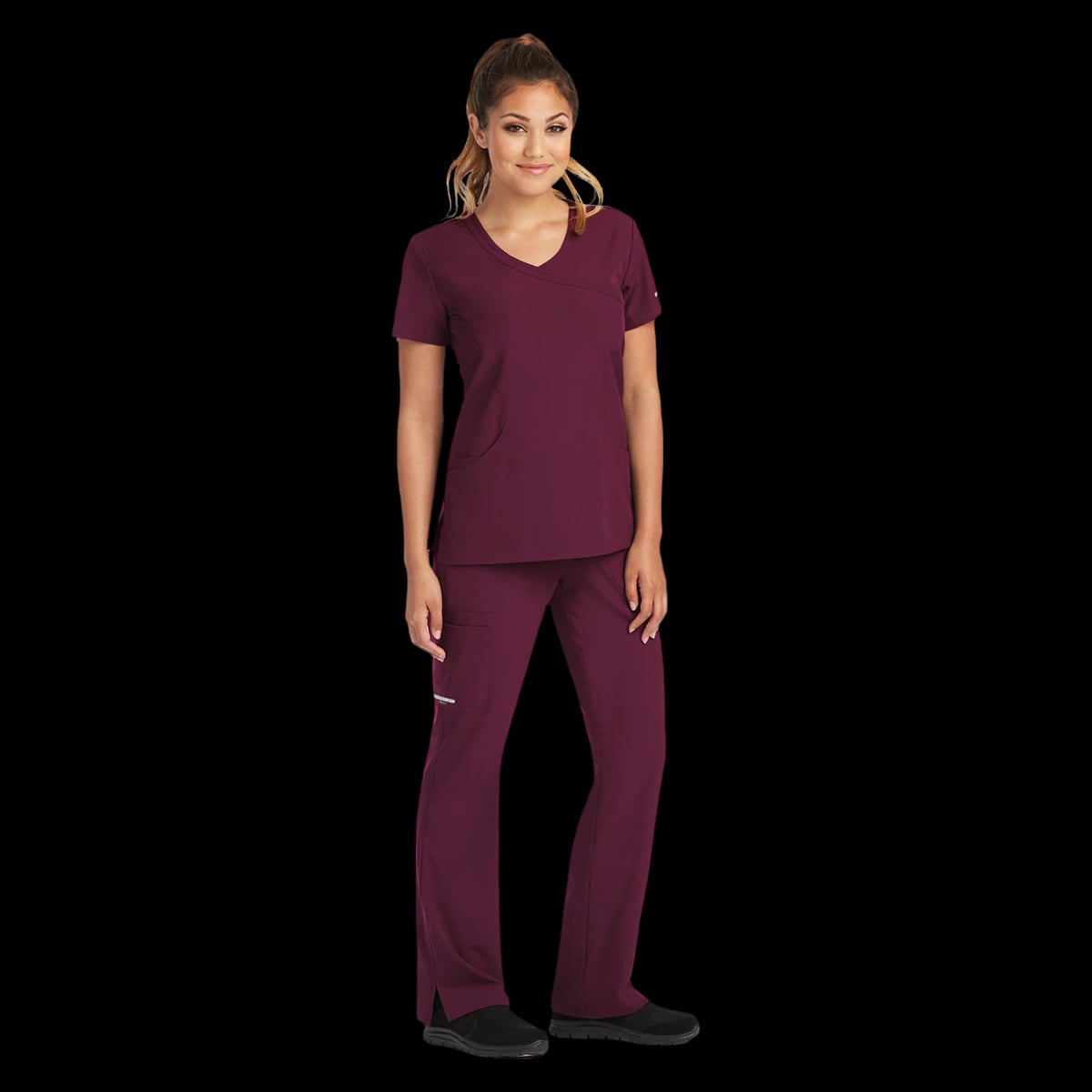 Skechers SK102 Scrub Top, Women's, Mock Wrap Neck, 3 Pockets, Wine, 3X-Large, 25.5 in, Each