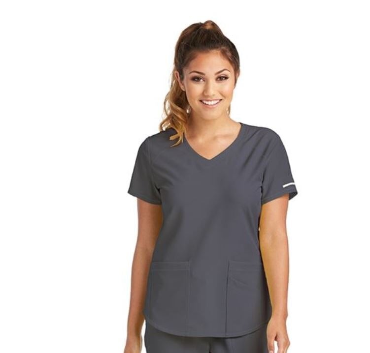 Skechers SK101 Modern Fit V-Neck Scrub Top, Women's, Pewter, 4XL, 27.5 in, 3 Pockets, Reusable