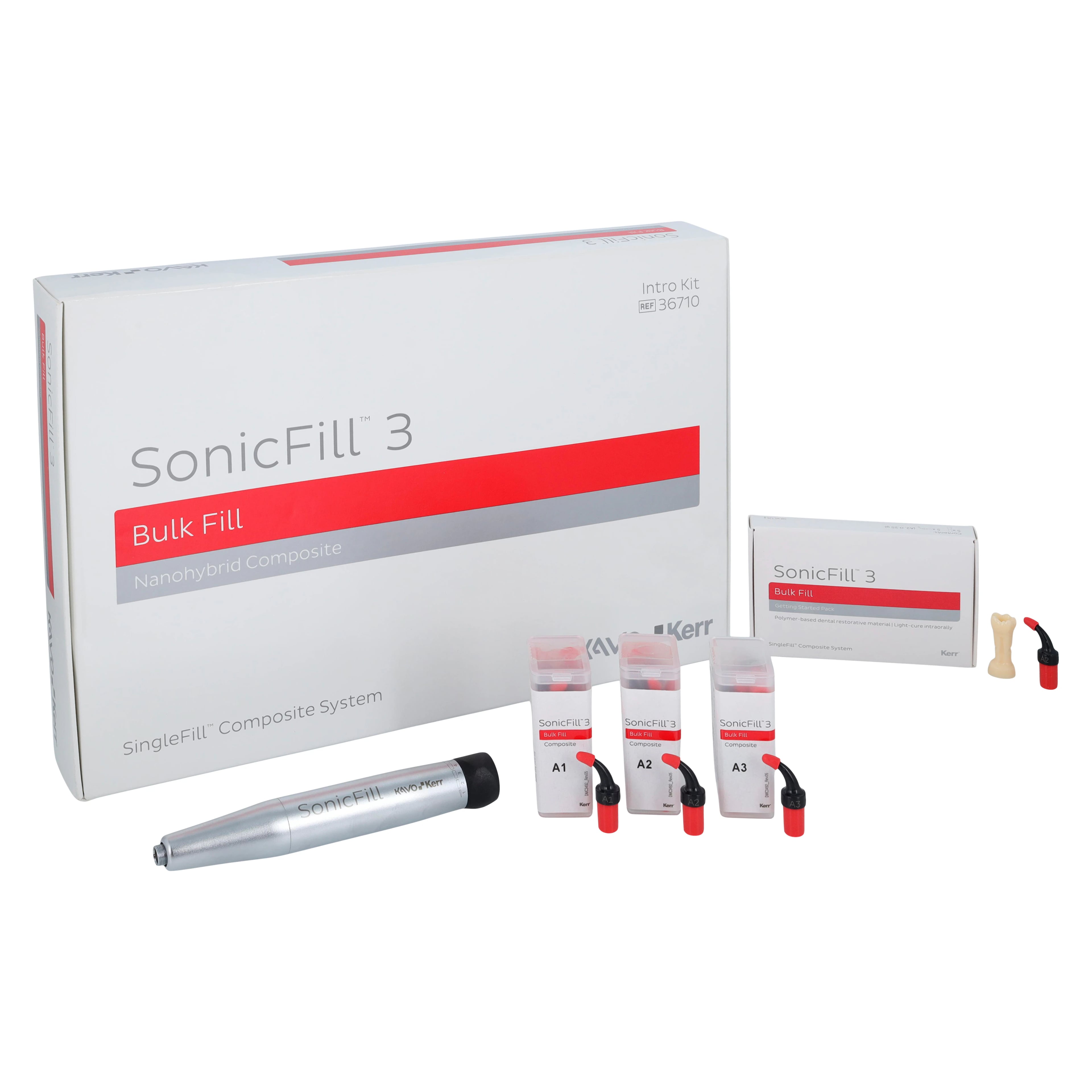 Kerr SonicFill 3 SingleFill Bulk Composite System Intro Kit, 60 Unidose Tips (A1/A2/A3) with Sonic Handpiece, 36710