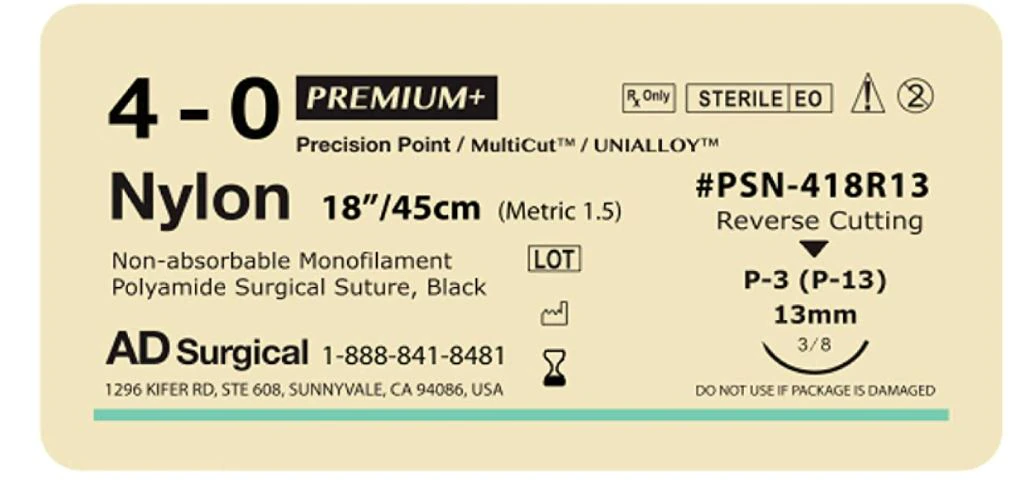 Unify Premium+ Suture Nylon Monofilament 4-0, 18", Non-Absorbable, P-3 Reverse Cutting 3/8 Circle Needle 13mm, Uncoated Black, 12/Box