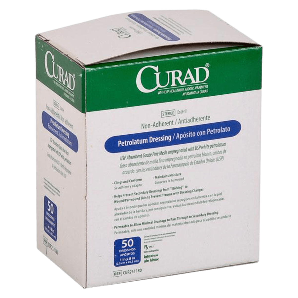 Curad Petrolatum Gauze Dressing, Sterile, 1" x 8", 12 per Box