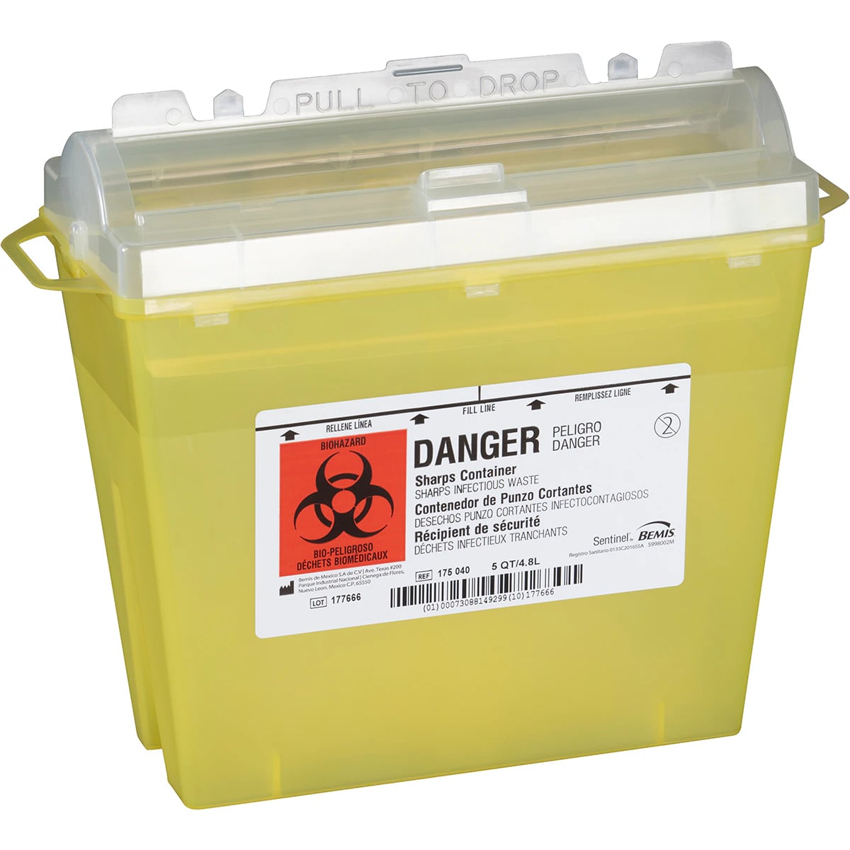 Bemis Sharps Container, Chemo Horizontal, 1.25 gal, Translucent Yellow, Rotating Cylinder Top, 10 x 11 x 5-1/4", 32/Case