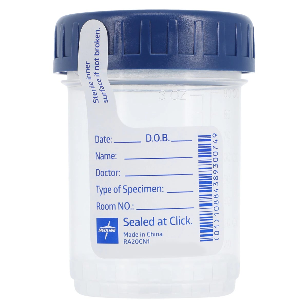 Medline Click N Close Specimen Container, 3 oz, Sterile, Threaded Blue Cap, with Patient ID Label, 400/Case