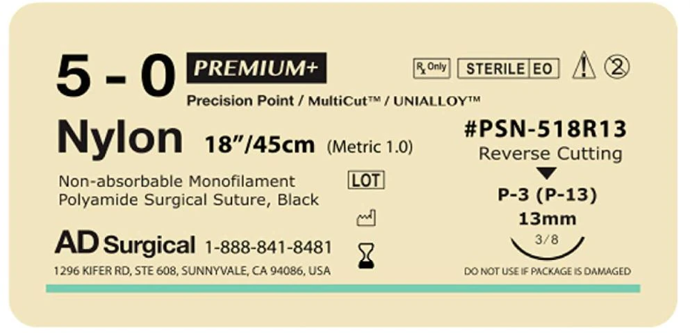 Unify Premium+ Surgical Suture, Nylon Monofilament, 5-0, 18", Non-Absorbable, P-3 Reverse Cutting 3/8 Circle Needle 13mm, Black, 12/Box