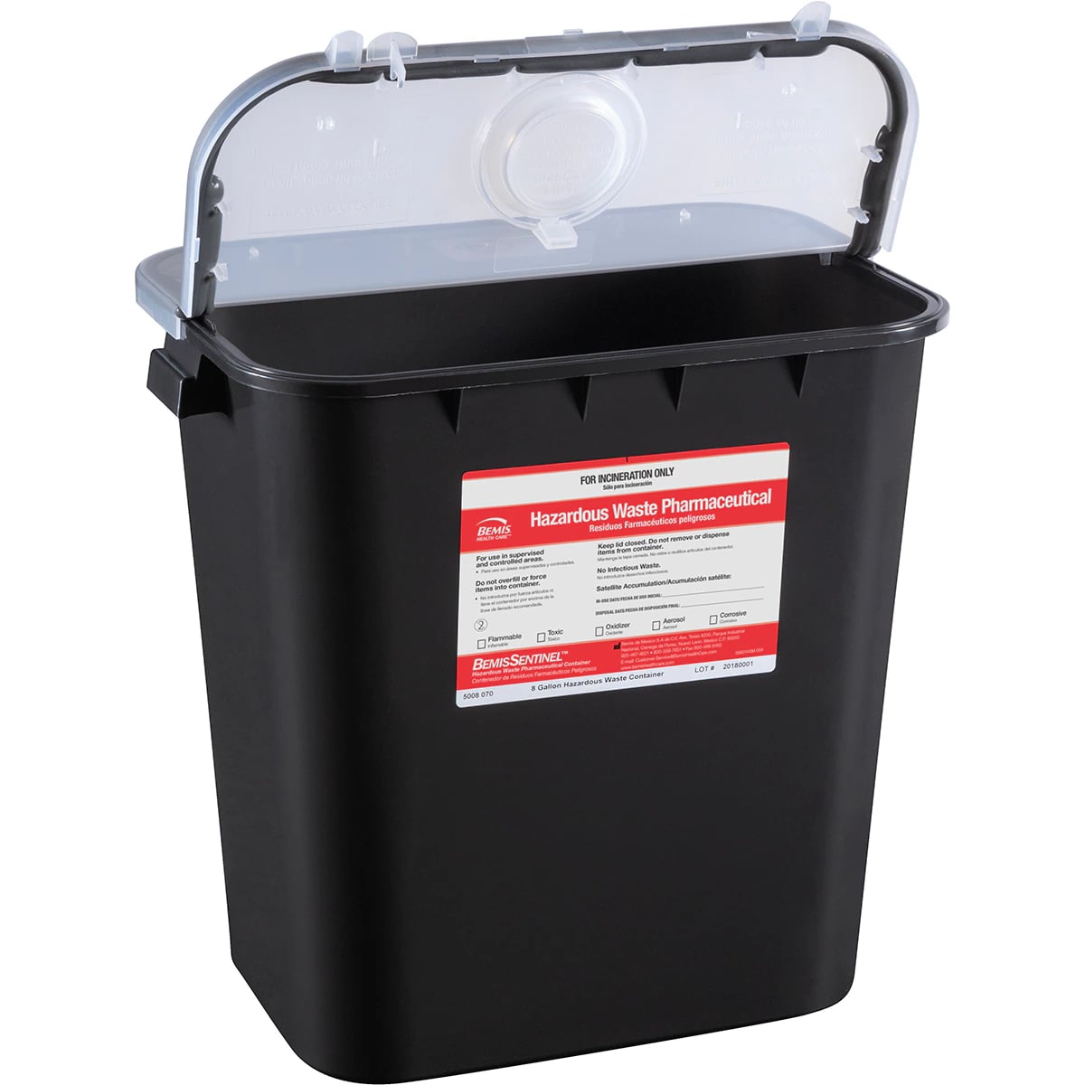 Bemis RCRA Hazardous Waste Container, 8 Gallon, Black, Hinged Lid with Gasket, 5" x 5" x 8", 10/Case