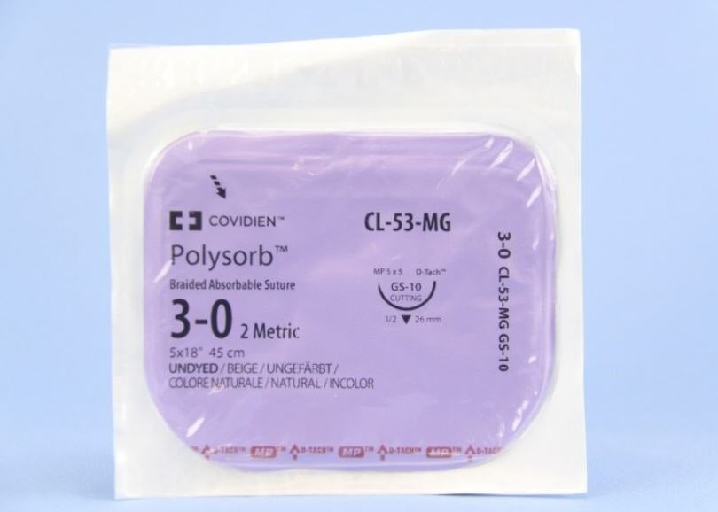 Medtronic Polysorb Absorbable Suture, 3-0, 18", GS-10 Reverse Cutting 1/2 Circle Needle 26mm, Undyed, 12/Case
