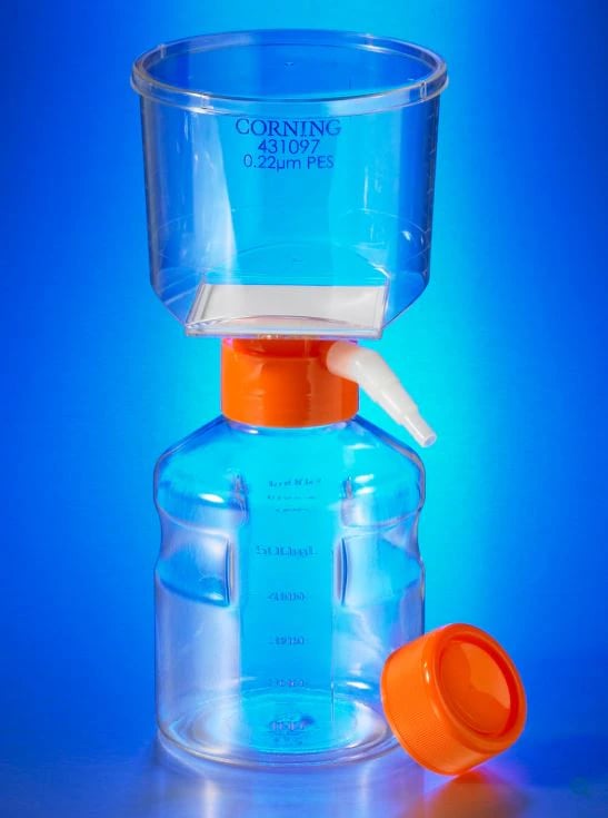 Corning Lifesciences Filter/Storage Bottle System, Polyethersulfone, Clear, 500mL, with Angled Hose Connector, 12/Case