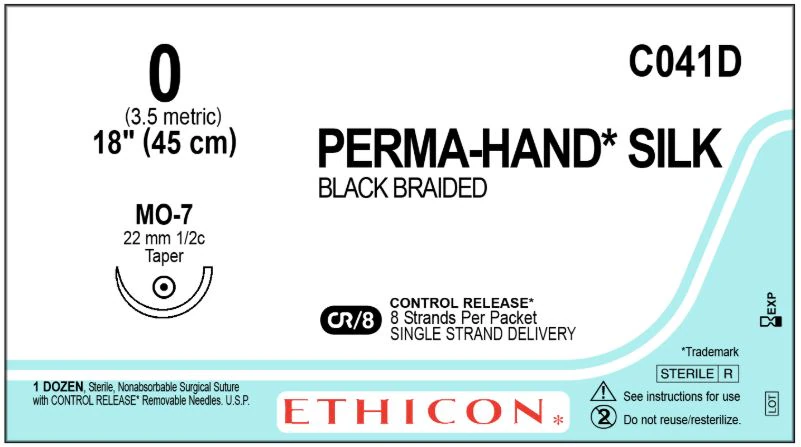 Ethicon Perma-Hand Silk Braided Non-Absorbable Suture, Size 0, 18", MO-7 Taper Point 1/2 Circle Needle, Black, 12/Box, C041D