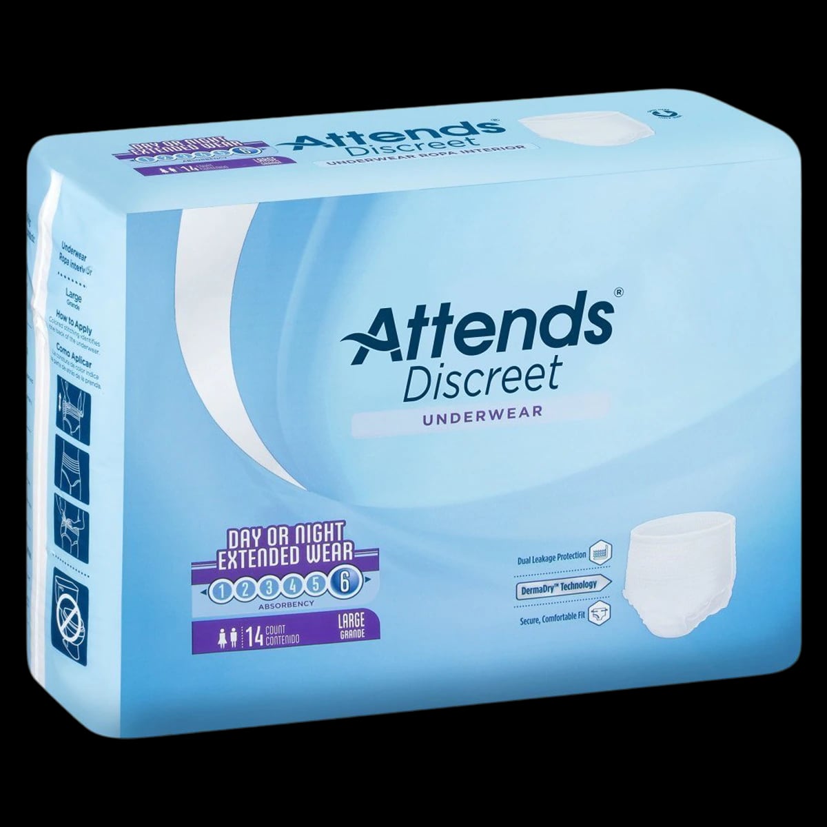 Attends Discreet Incontinence Underwear, Unisex, Large (44-58"), Heavy Absorbency, White, Cloth-Like, 56/Case