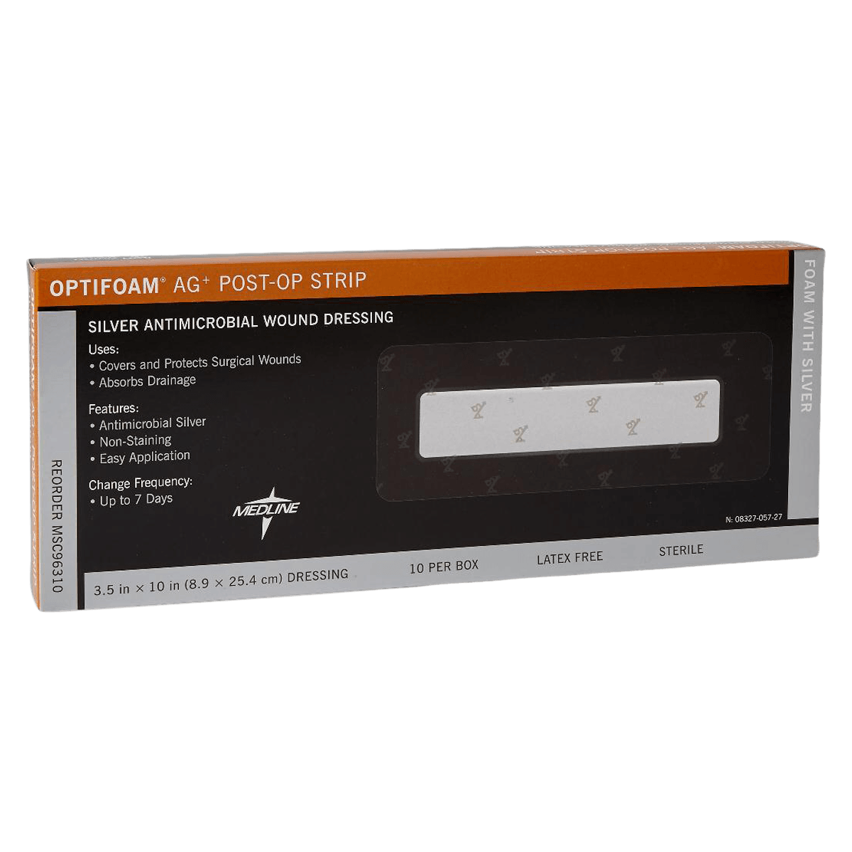 Medline Optifoam Gentle Foam Dressing, 3.5" x 10", Sterile, Adhesive, Silver, Latex-Free