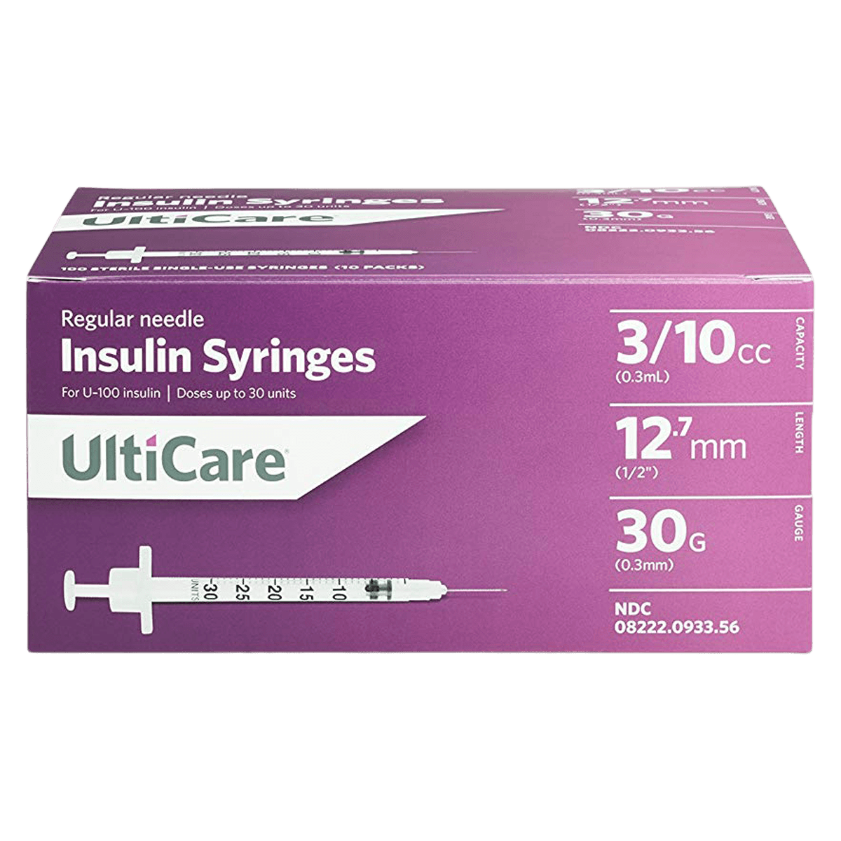UltiCare Insulin Syringe/Needle, 30G x 1/2", 3/10 mL (30 Units), Conventional Bevel, Sterile, 500/Case