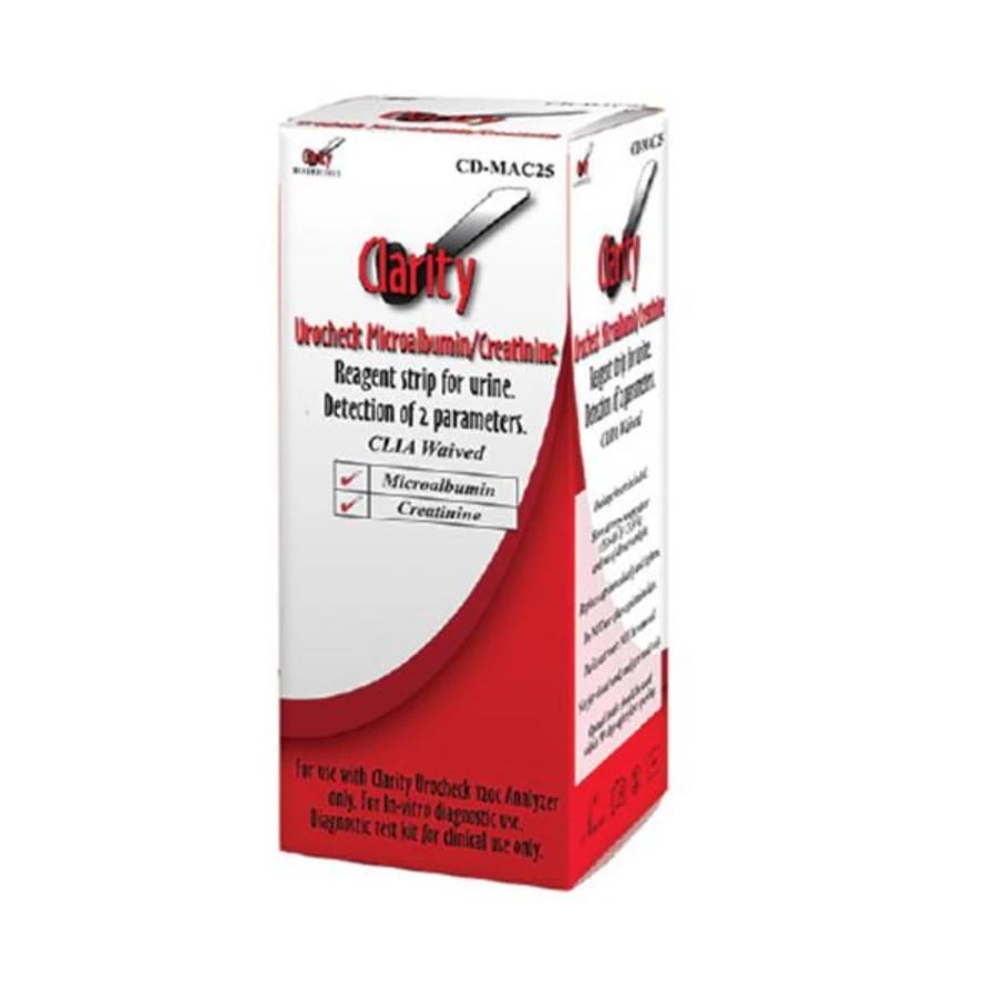 Clarity Urocheck Microalbumin/Creatinine Urine Test Strips, 2 Parameters, CLIA Waived, 25/Box