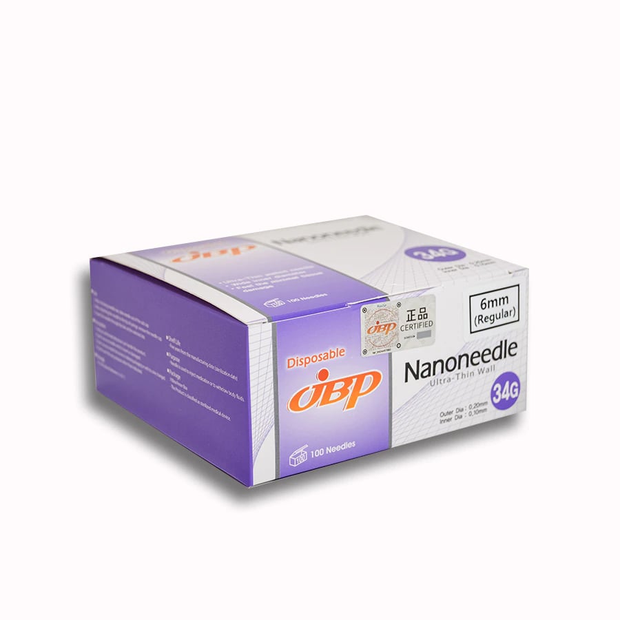 JBP Nanoneedle Hypodermic Needle, 34G x 1/4", Tri-Beveled, Sterile, Disposable, Lavender, 100/Bx