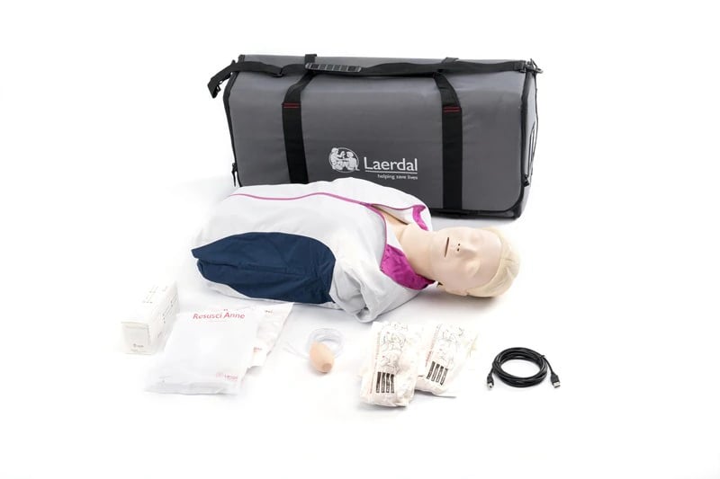 Resusci Anne QCPR Torso CPR Training Manikin, 29.5x15x8.3", Rechargeable Li-ion Battery, Soft Carry Case, 50kg Compression Spring, 3 Face Skins, 2 Airway Assemblies
