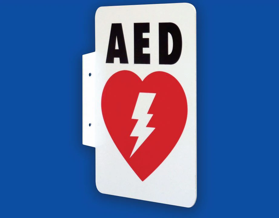 HeartStation AED Sign, L-Shaped Plastic, Red/White/Black, 10/Package