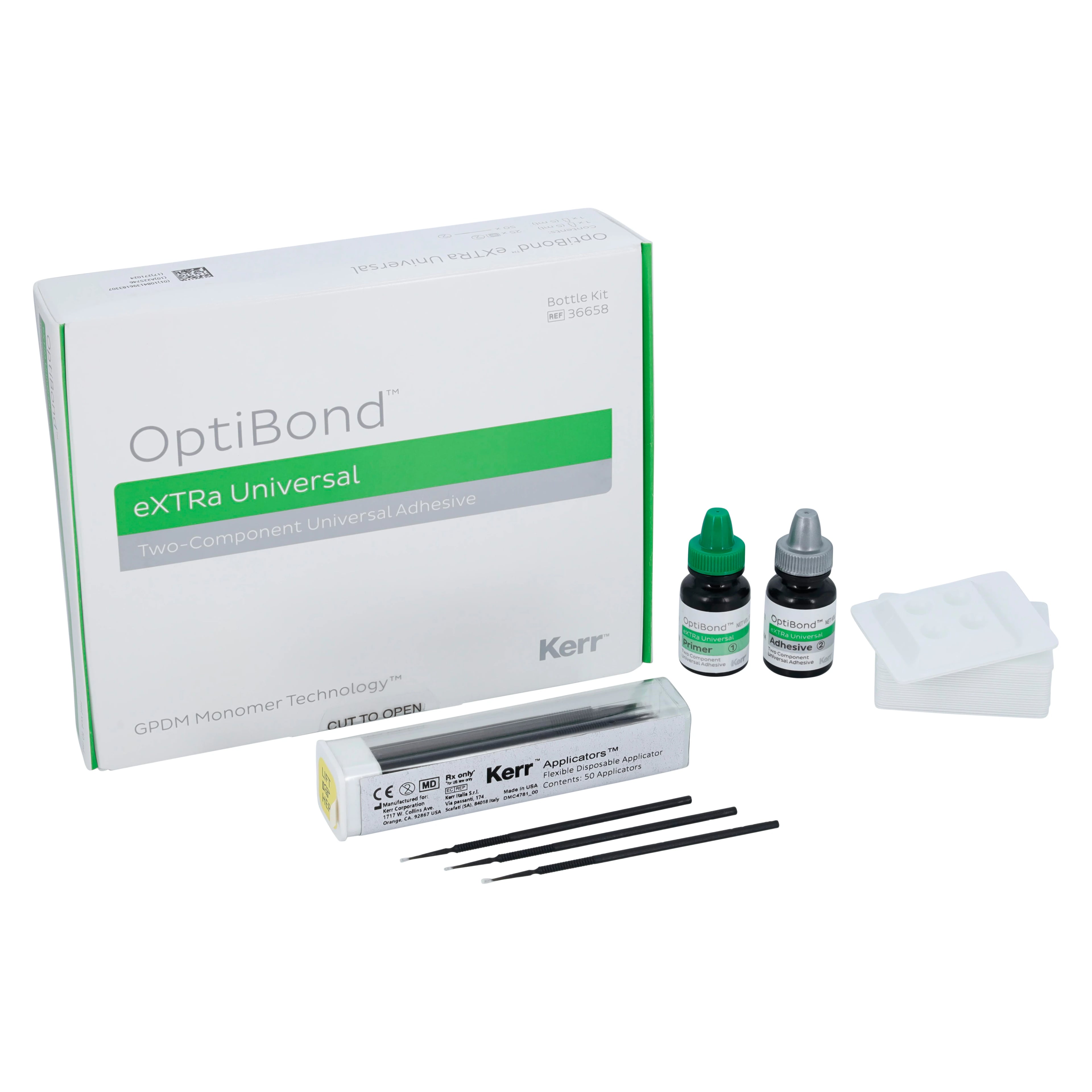 OptiBond eXTRa Universal Two-Component Light-Cure Adhesive Bottle Kit, 5 mL Primer & 5 mL Adhesive, 50 Applicators, 25 Mixing Wells, 36658