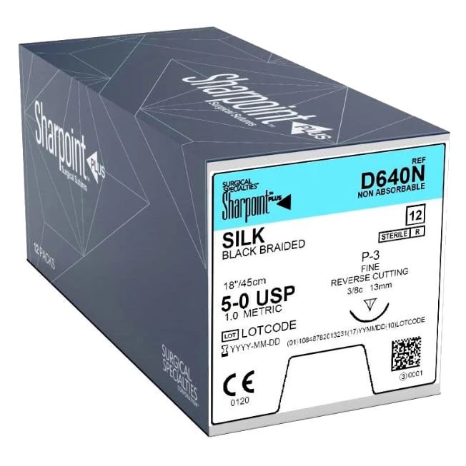 Surgical Specialties Silk Suture, 5-0, 18" (45cm), 13mm 3/8 Circle Reverse Cutting Needle, Black, 12/Box, DSM-13