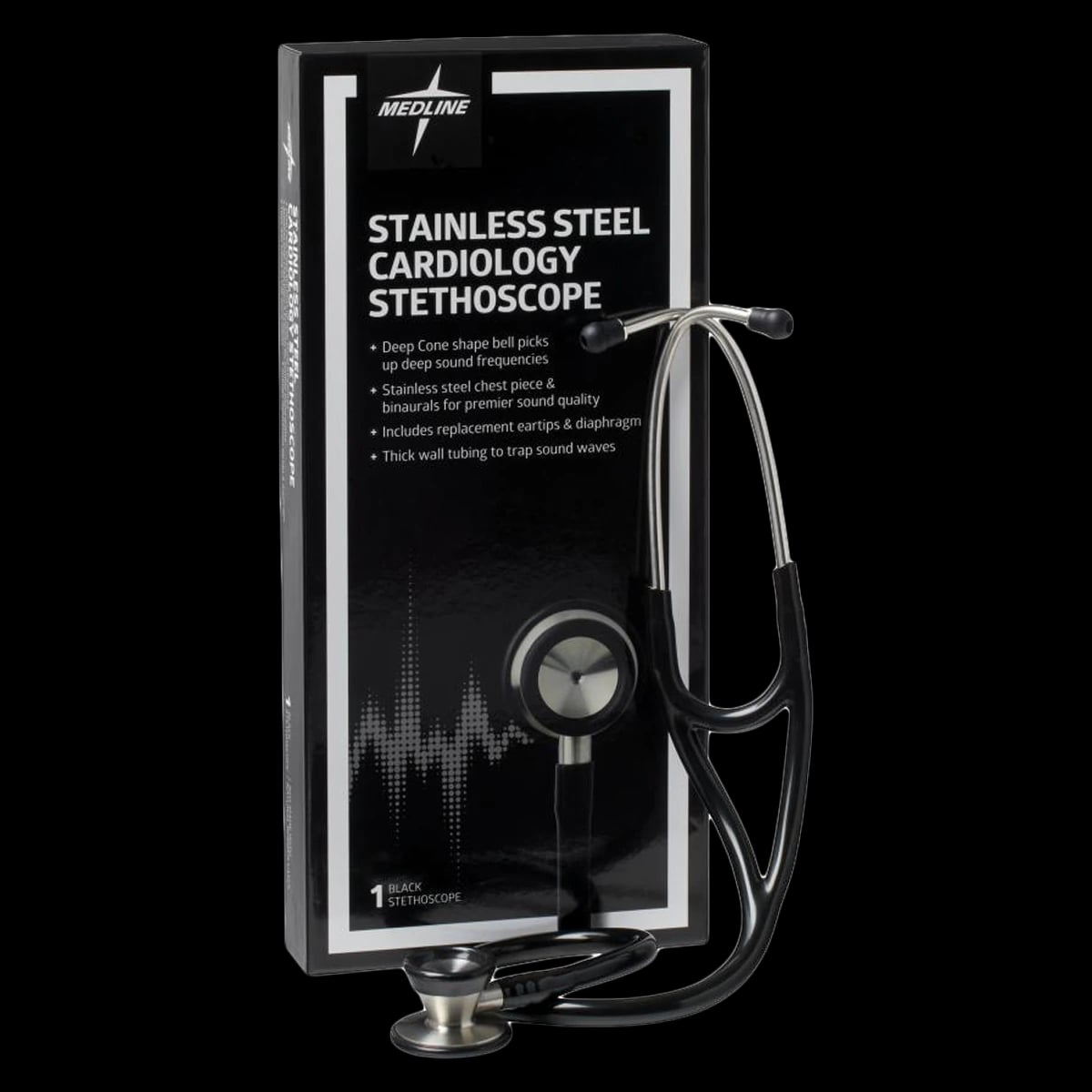 Medline Elite Cardiology Stethoscope, Reusable, Black, Single Unit