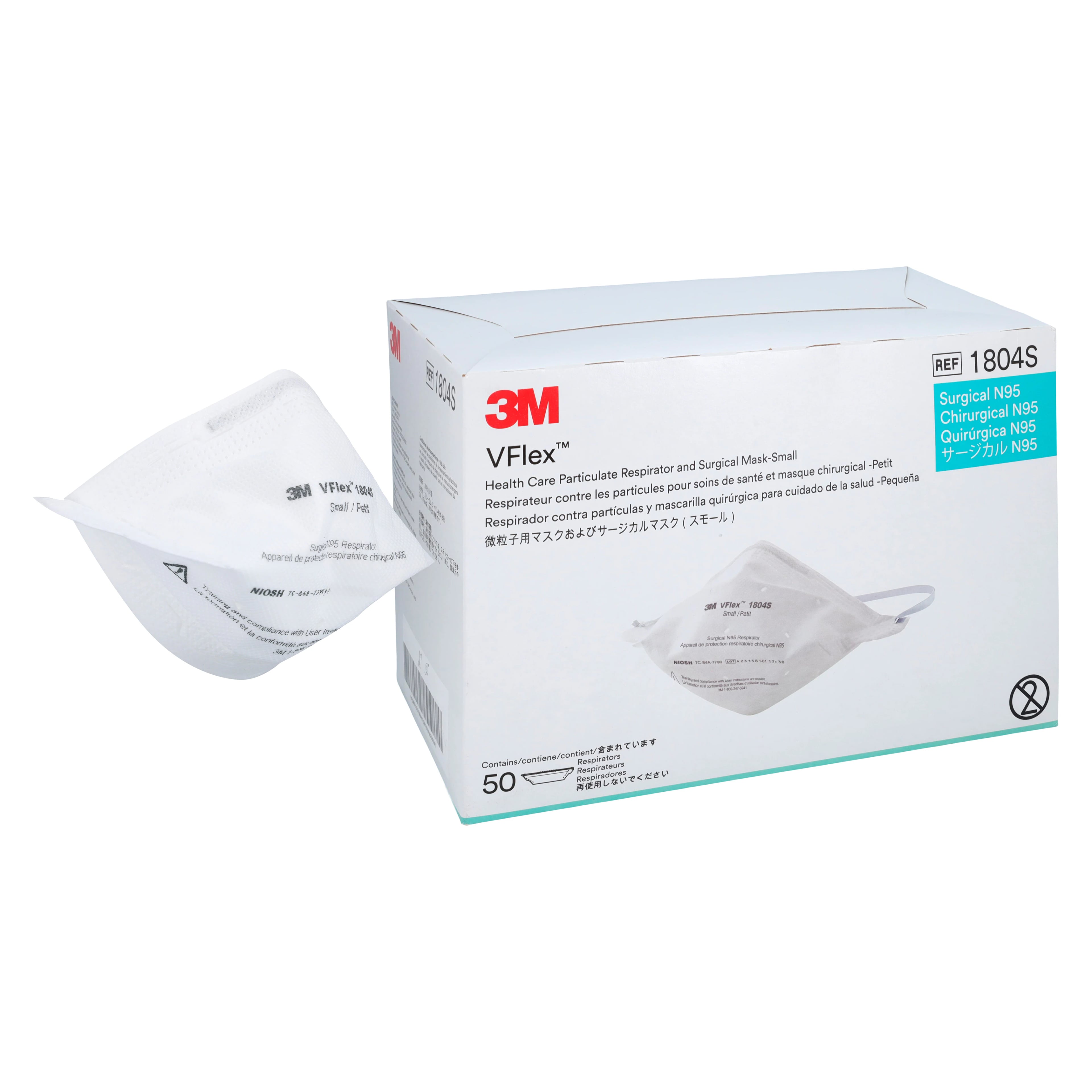 3M VFlex N95 Particulate Respirator and Surgical Mask, Small, White, 50/Box, 1804S