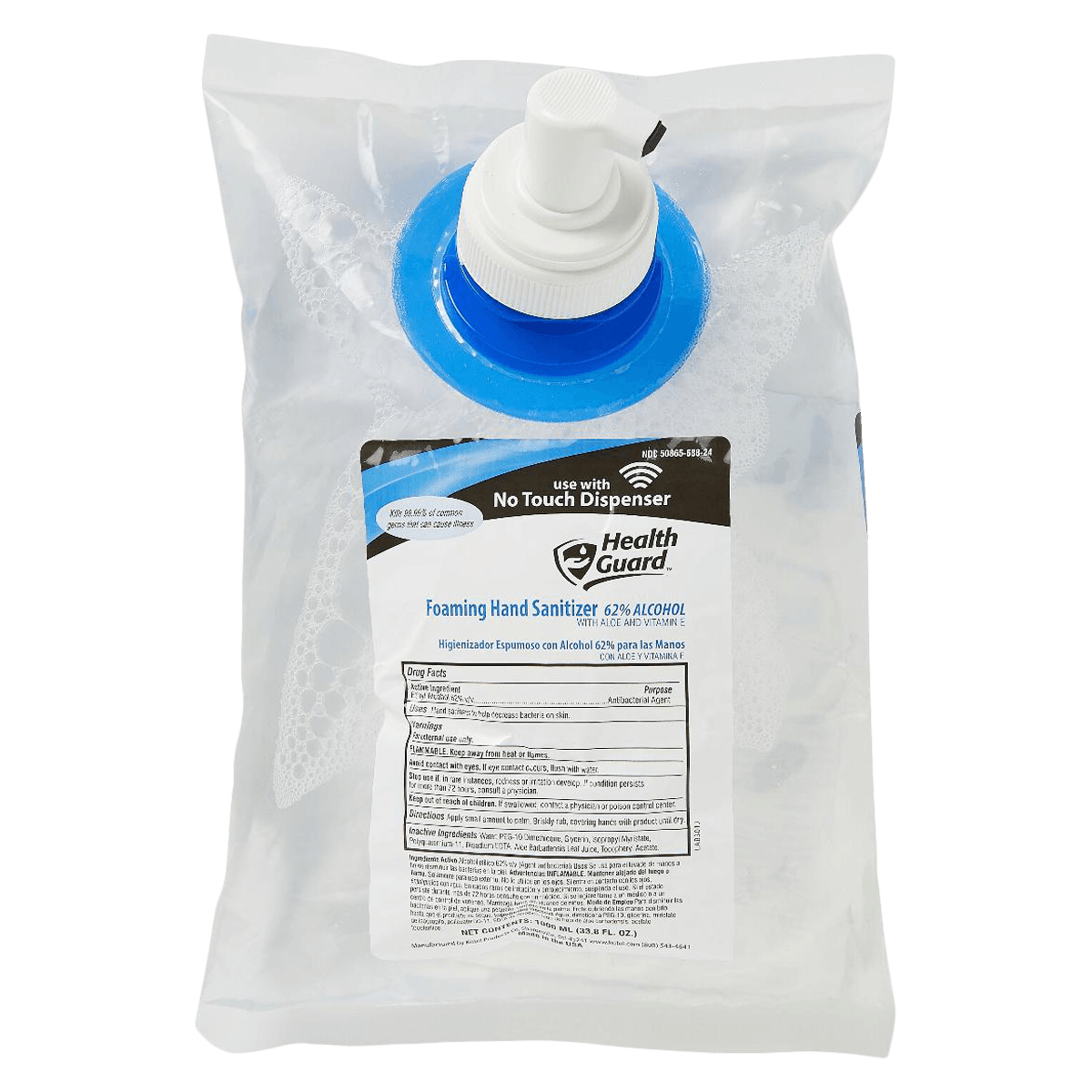 HealthGuard Foam Hand Sanitizer, 62% Ethyl Alcohol, 1000 mL (1L) Bottle, 2/Case