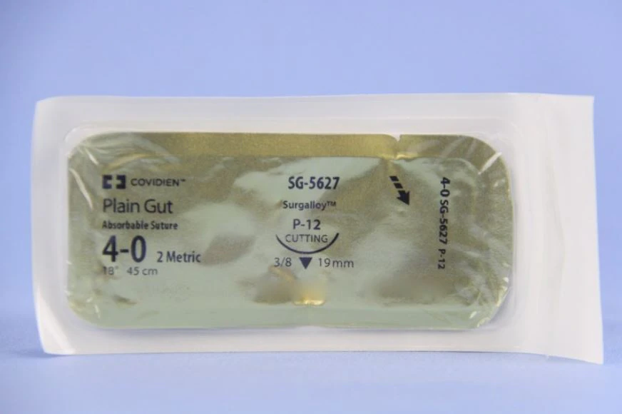 Medtronic Plain Gut Suture, 4-0, 18" Monofilament, P-12 Cutting 3/8 Circle Needle 19mm, Uncoated Tan, 36/Package