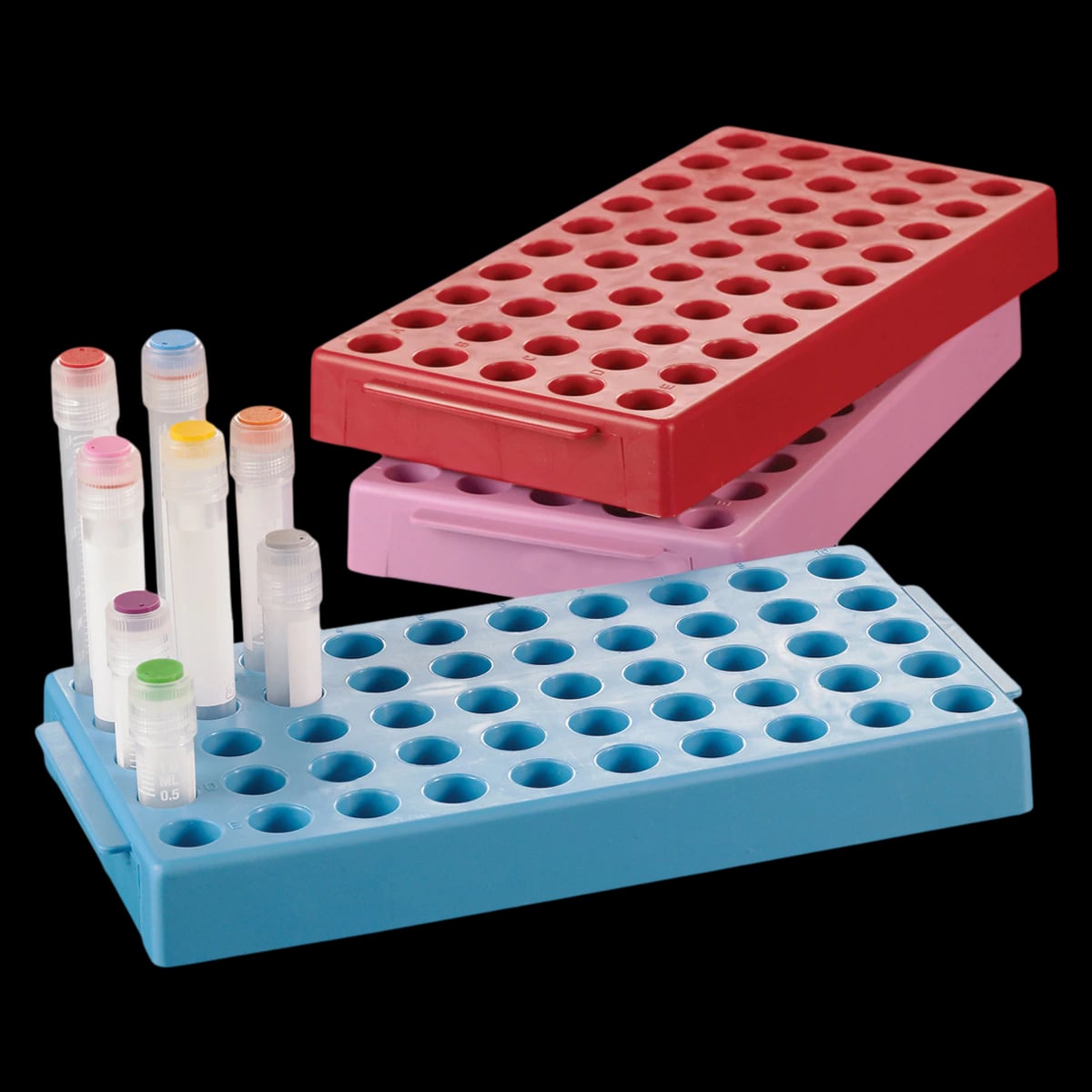 Simport Scientific CryoVial Workstation Rack, Polypropylene, 50-Place, 4x8x1", Blue, 4/Case
