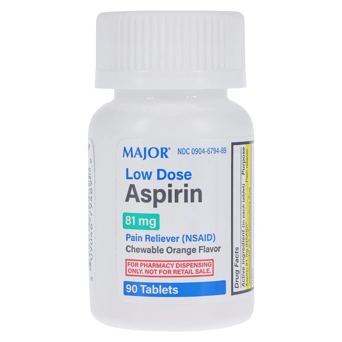 Major Pharmaceuticals Aspirin Chewable Tablets, 81 mg, Orange Flavor, 90 Count Bottle