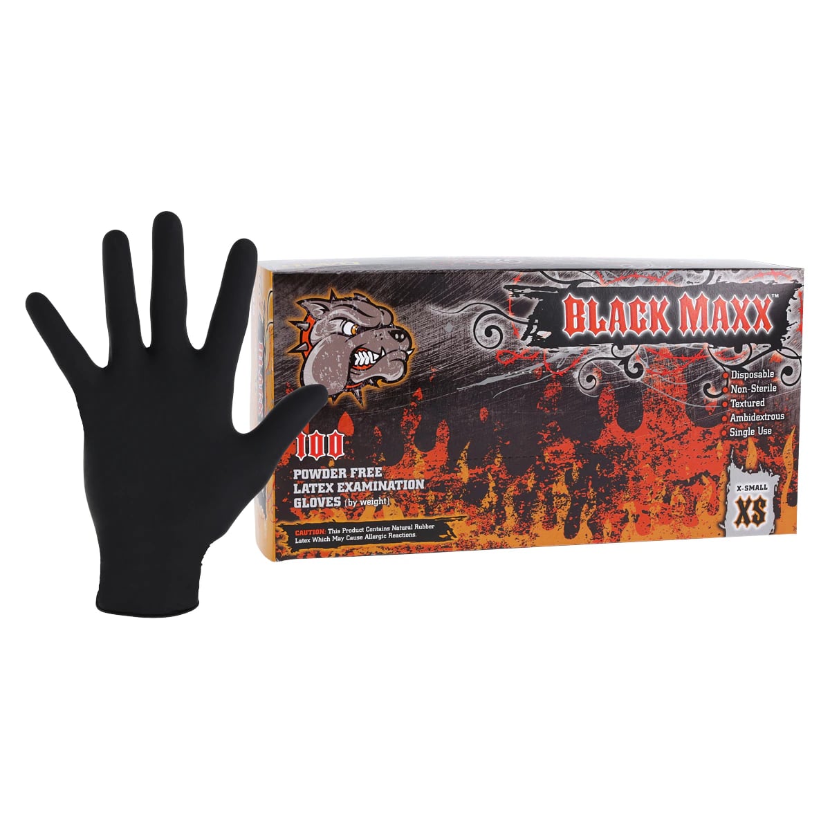 Black Maxx Latex Exam Gloves, X-Small, Black, Powder Free, Textured, Non-Sterile, 100/Box