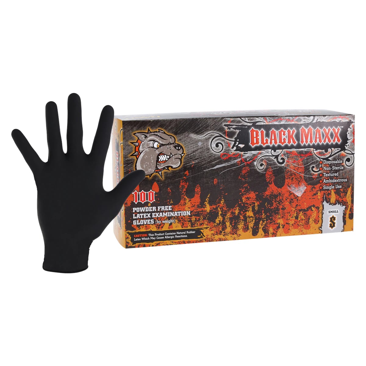 Black Maxx™ Latex Exam Gloves, Powder Free, Non-Sterile, Small, Black, 100/Box, BMX100S