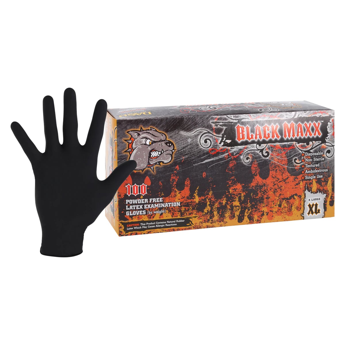 Black Maxx Latex Exam Gloves, Powder Free, Textured, Non-Sterile, XL, Black, 100/Box, BMX100XL