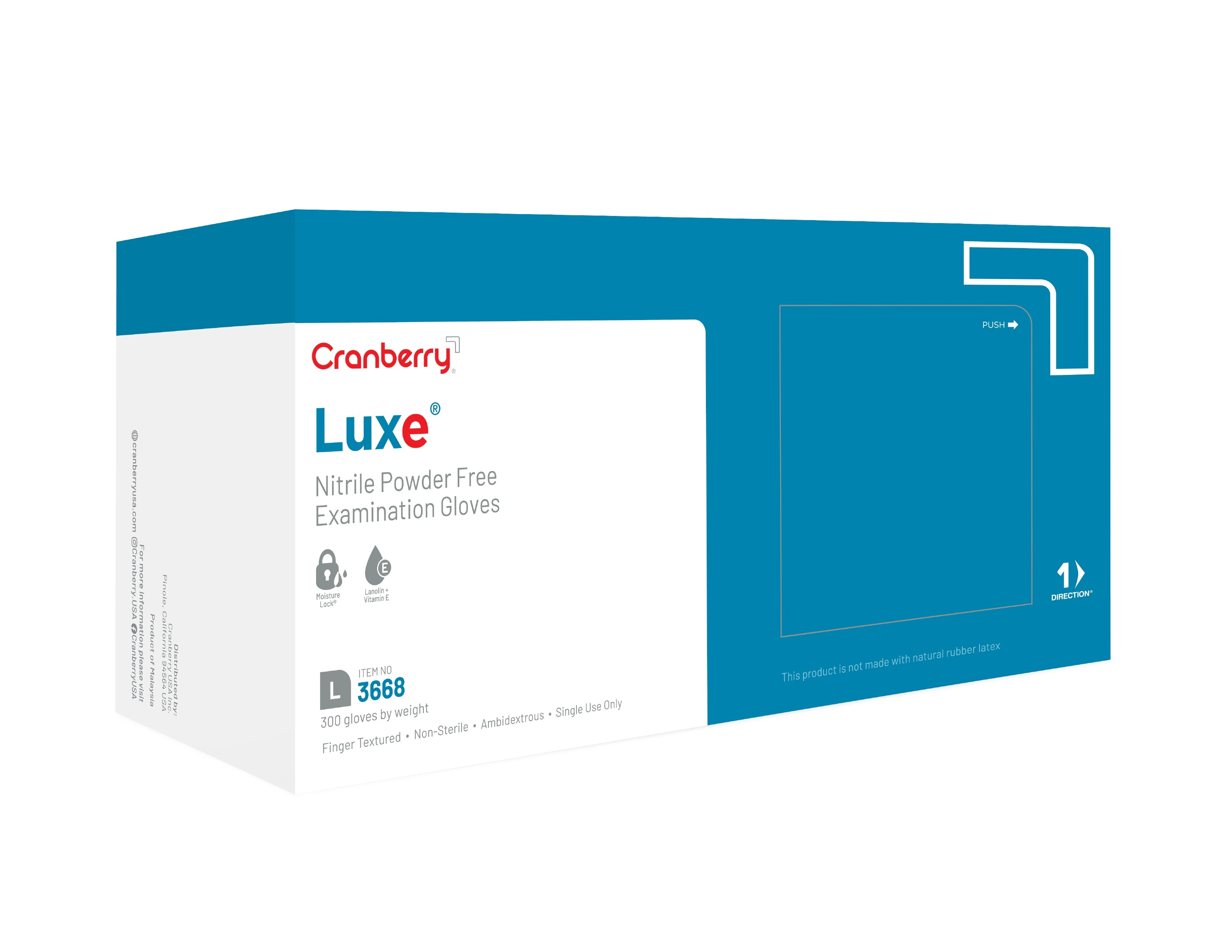 Cranberry LUXE Nitrile Exam Gloves, Powder Free, Non-Sterile, Large, Azure Blue, 300/Box, CR3668