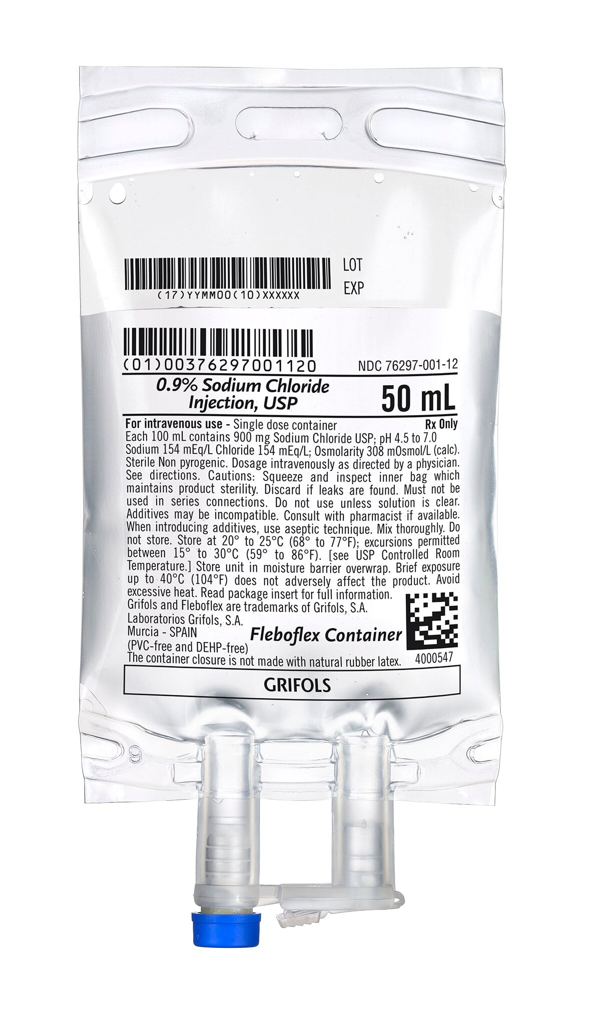 Sodium Chloride 0.9% Injection Bag, 50mL, DEHP-Free, Sterile, Non-PVC, Latex-Free, Grifols