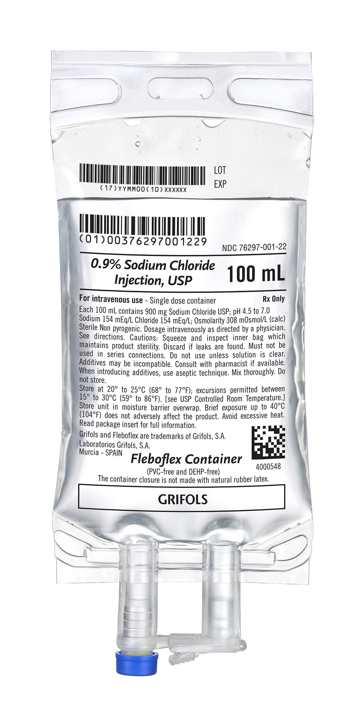 Sodium Chloride 0.9% Injection Bag, 100mL, DEHP-Free, Sterile, Non-PVC, Latex-Free