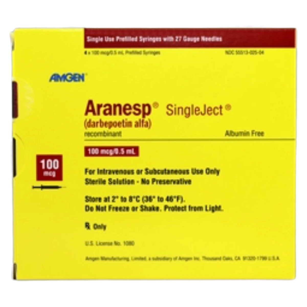 Aranesp (darbepoetin alfa) Injection 100 mcg/0.5 mL Prefilled Syringe, 4/Package