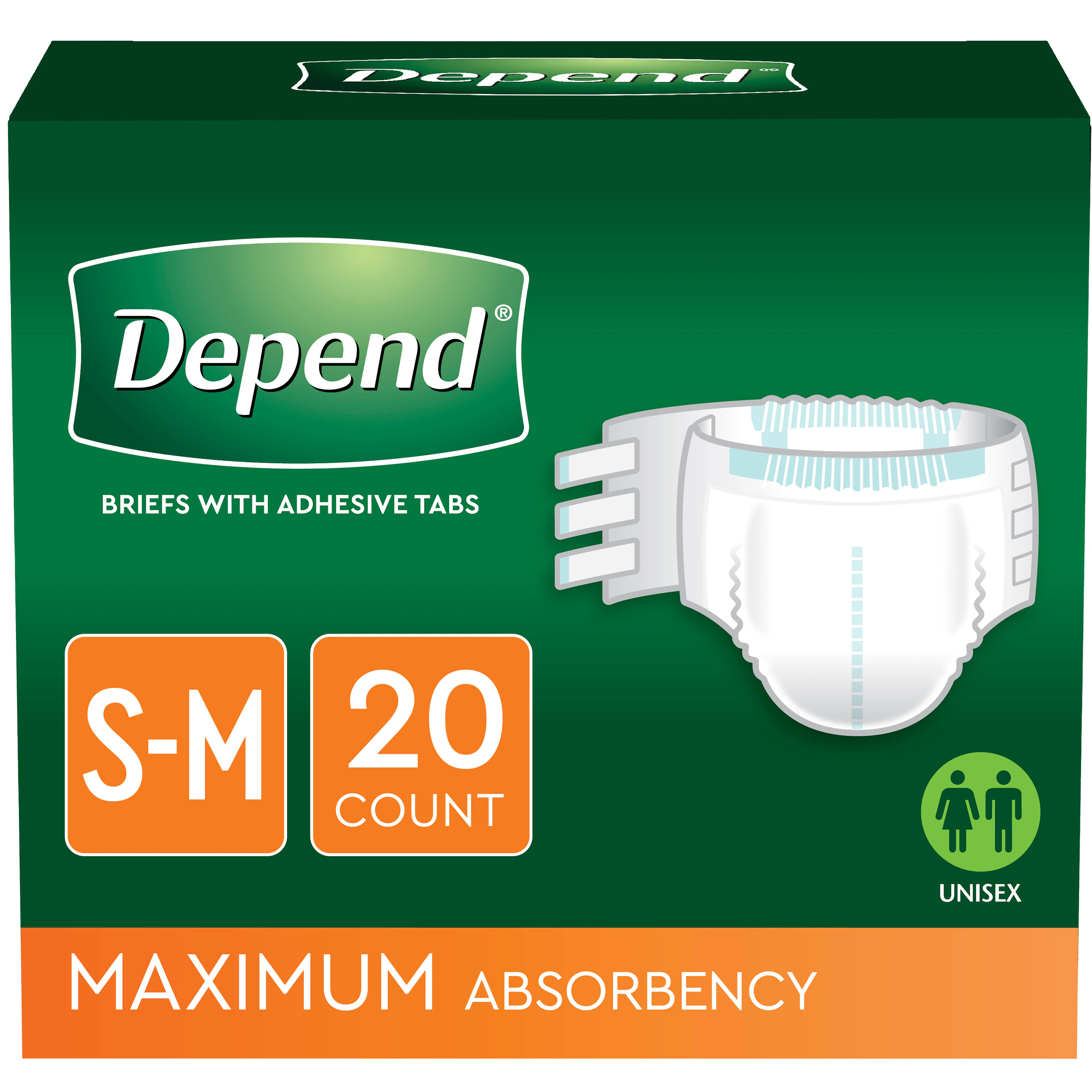 Depend Fitted Maximum Incontinence Briefs, Unisex, 19-34" Waist, Refastenable Tabs, White, 20/Pk