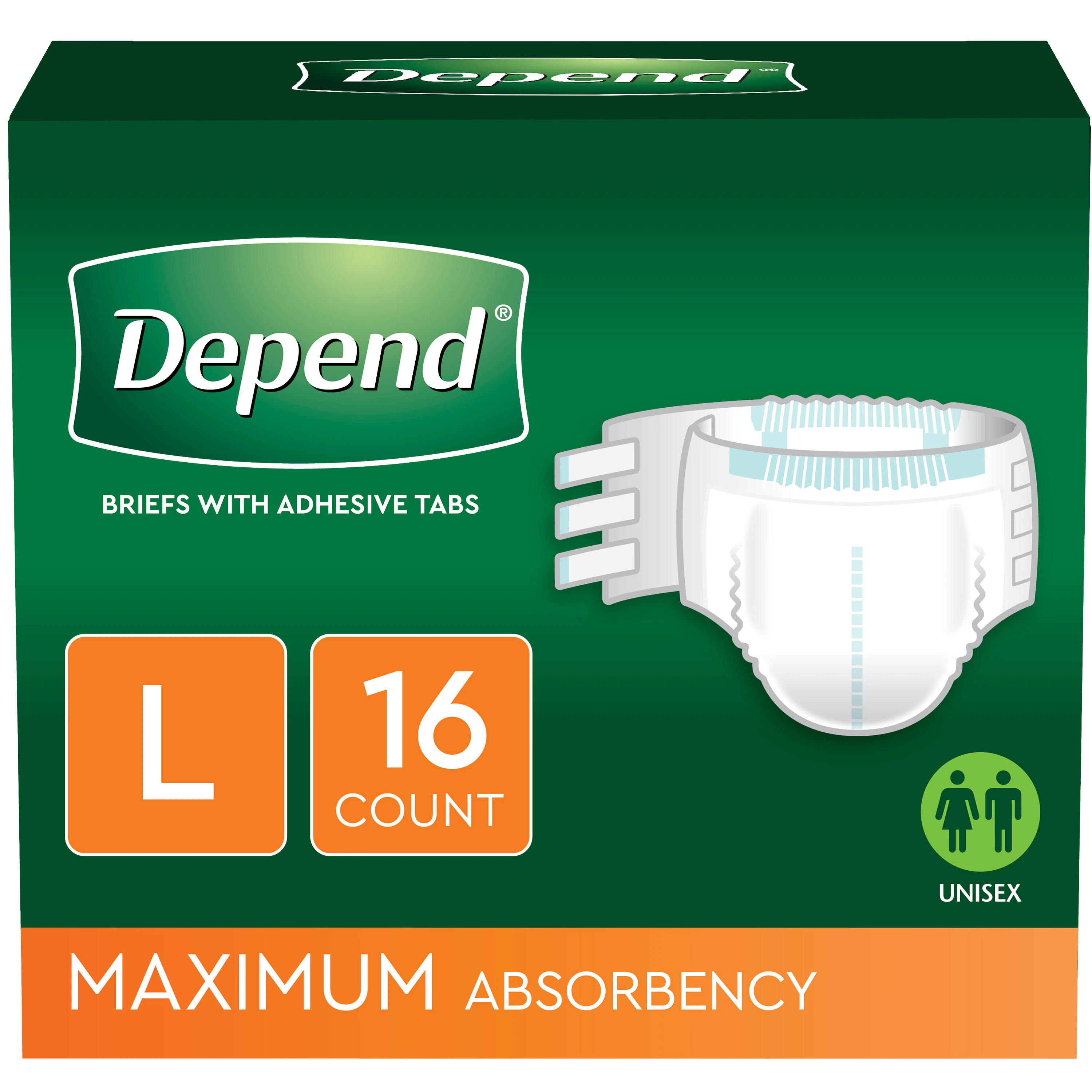 Depend Fitted Maximum Incontinence Briefs, Unisex, 35-49" Waist, Refastenable Tabs, White, 16/Pk
