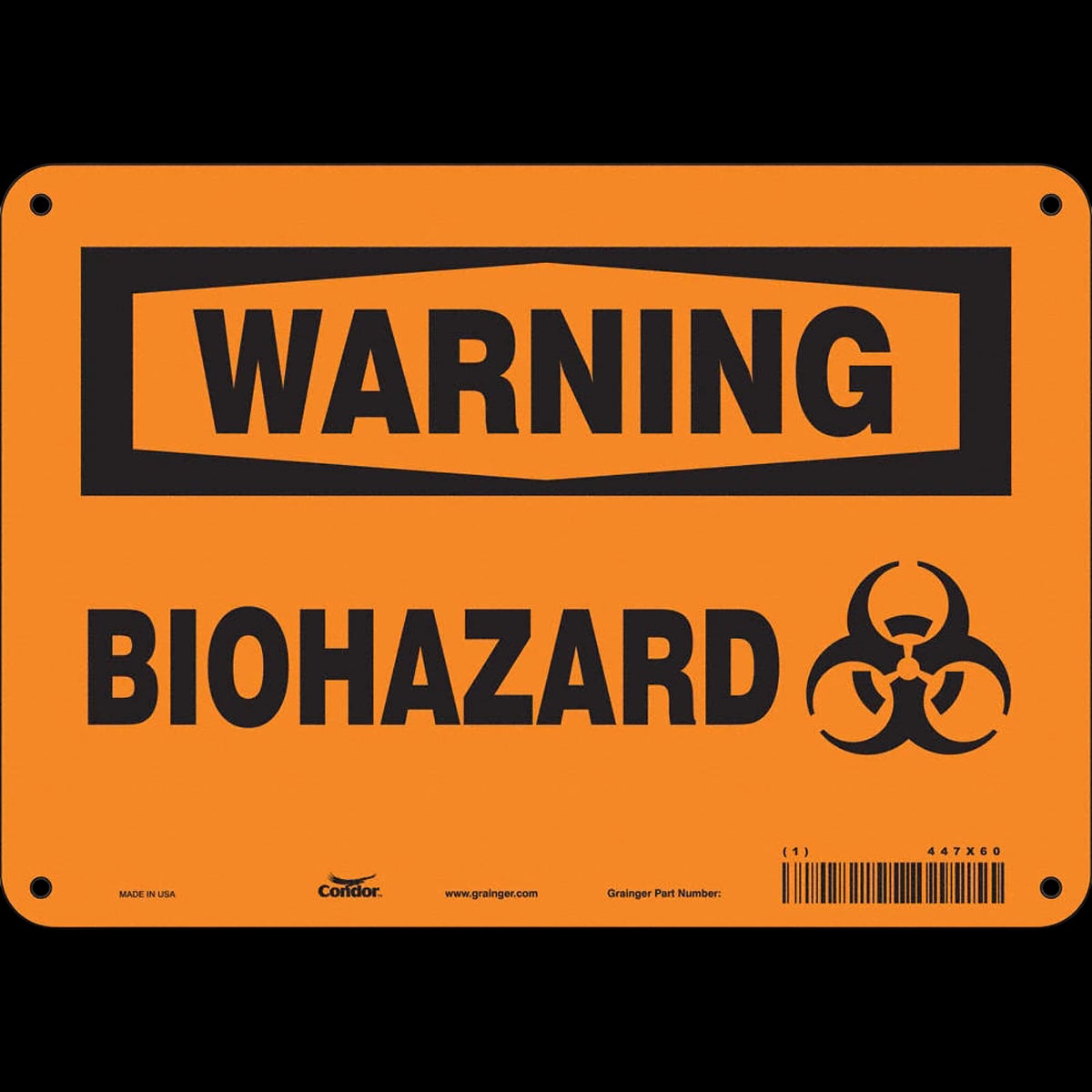 Biohazard Warning Sign, Plastic, 7" x 10", with Mounting Holes