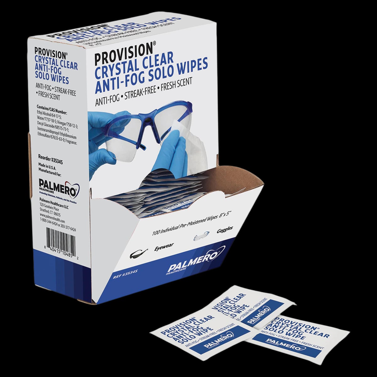 ProVision Crystal Clear Anti-Fog Eyewear Solo Wipes, 8" x 5", Individually Wrapped, 100/Box, 3534S