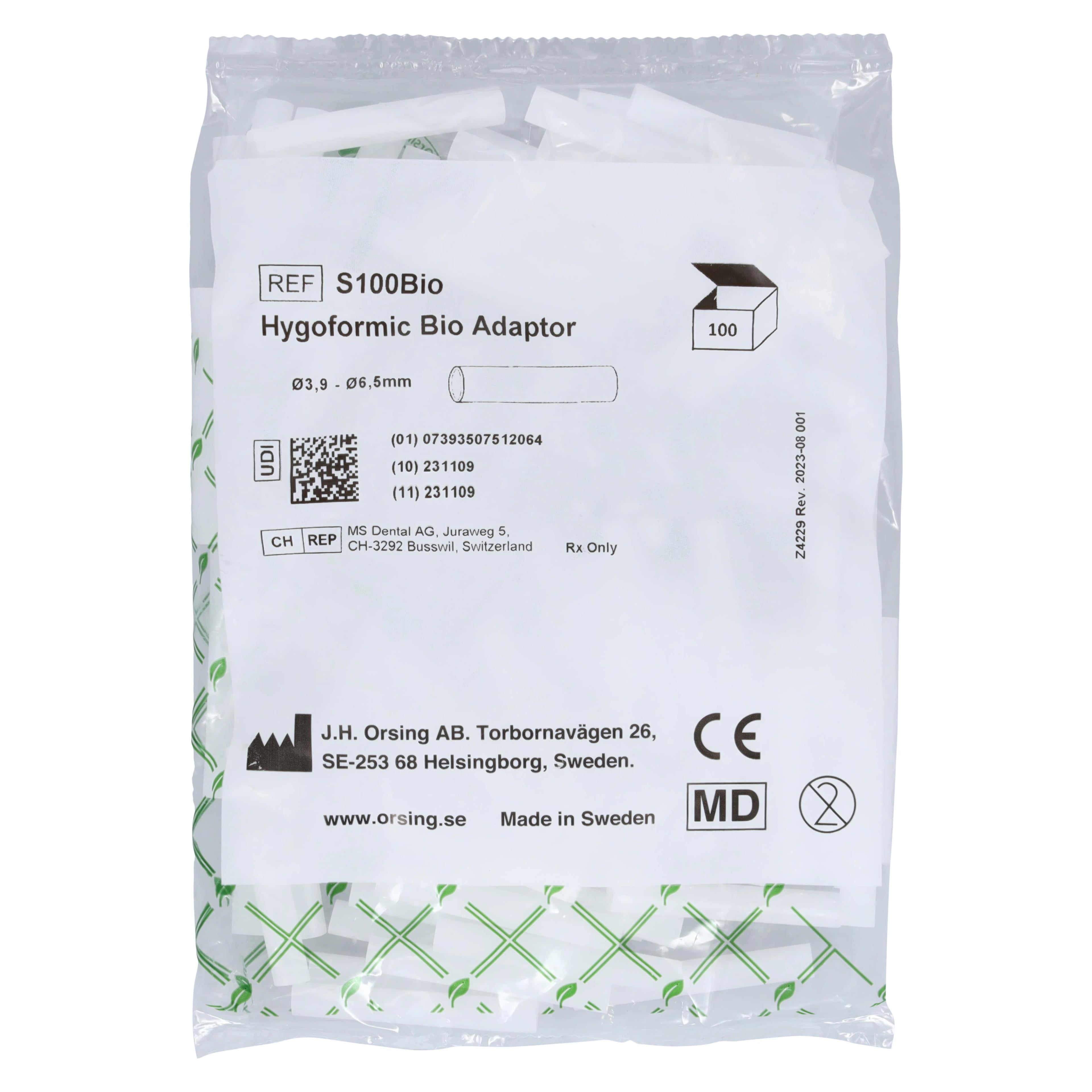 Hygoformic Bio Adaptor, 6.5 mm, Opaque White, 100/Bag, S100BIO